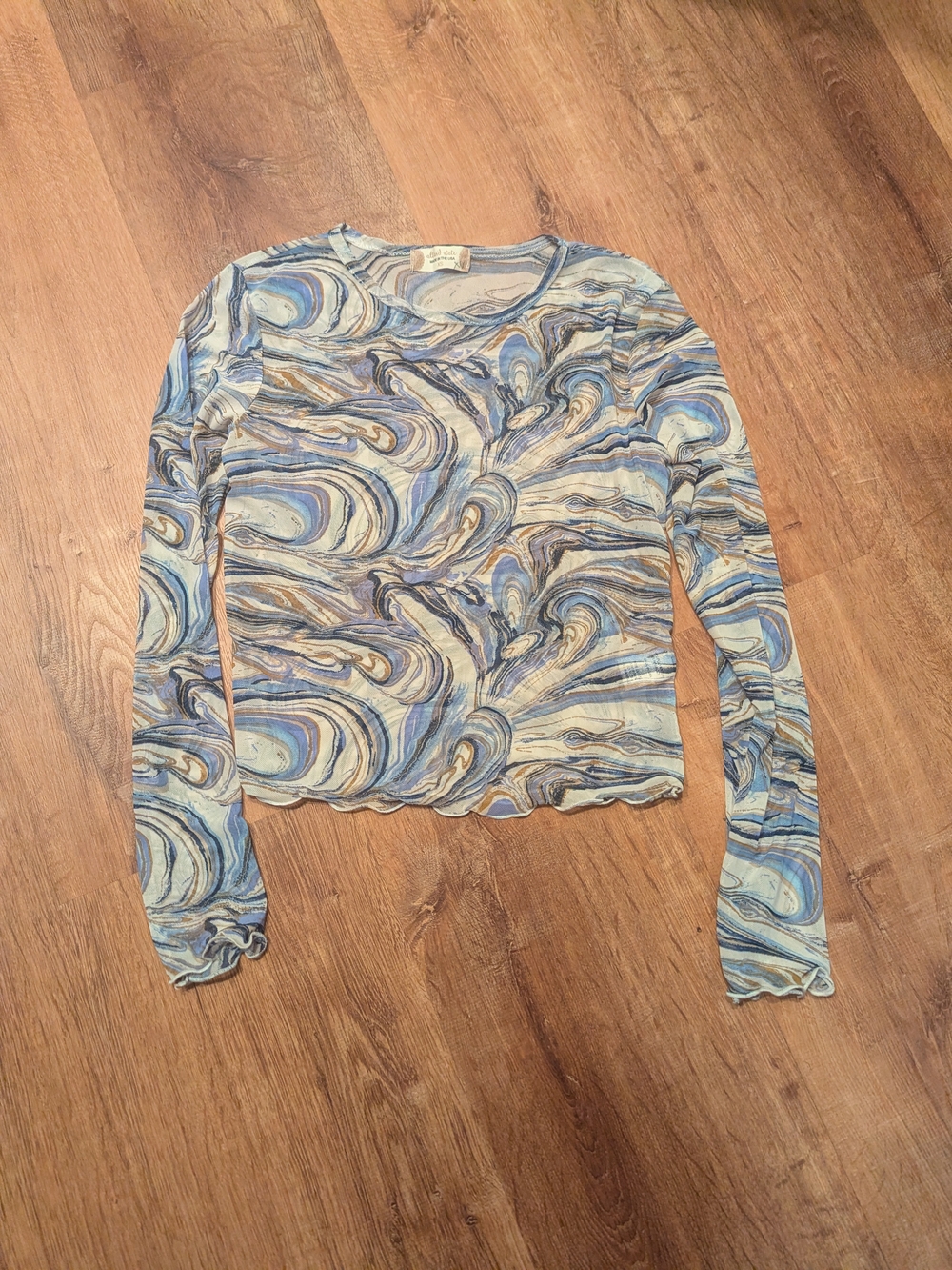 Sheer Light Blue Marbled Swirl Long-Sleeve Top by Altar's State